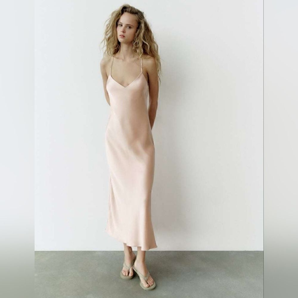 ZARA SATIN SLIP DRESS SALMON PINK - Picture 6 of 12